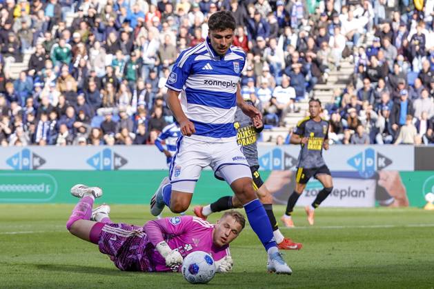 ZWOLLE , 11-10-2026 , MAC3park stadion , season 2026 2027 , Dutch Eredivisie football , match between PEC Zwolle and SC Cambuur , picture shows PEC Zwolle player Koen Kostons , SC Cambuur Goalkeeper Thijs Jansen PEC - Cambuur  x208166145x Copyright: