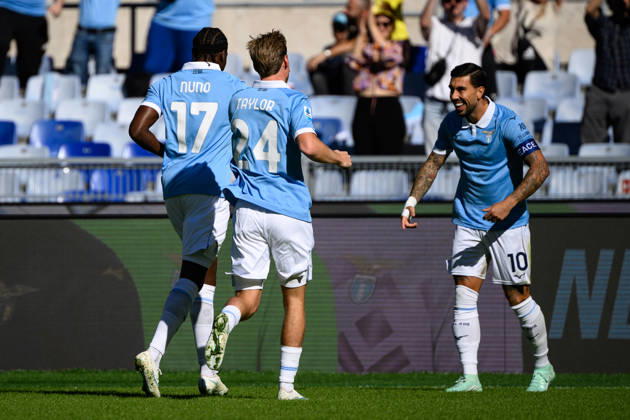 Nuno Tavares of SS Lazio celebrates with Kenneth Taylor and Mattia Zaccagni after scoring the goal of 1-0 during the Serie A 2026 2027 football match between SS Lazio and AC Monza at Stadio Olimpico in Rome (Italy), October 11, 2026. AndreaxStaccioli