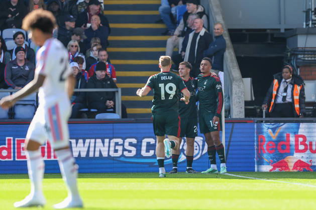 11th October 2026; Selhurst Park, London, England; Premier League Football, Crystal Palace versus Nottingham Forest; Dan Ndoye of Nottingham Forest celebrates his goal in the 3rd minute for 0-1 KatiexChan