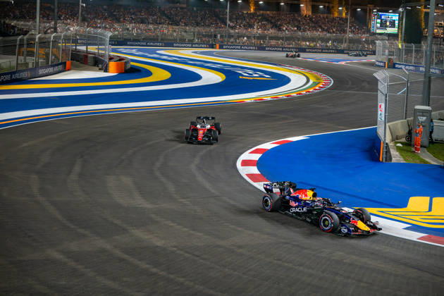 RECORD DATE NOT STATED 11th October 2026; Marina Bay, Singapore; Formula 1, Singapore Grand Prix, Race Day; Lap 12 and Max Verstappen of Red Bull Racing holds off Charles Leclerc of Ferrari DavidxAsh