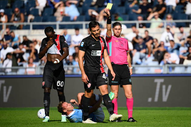 Andrea Carboni of AC Monza receives a yellow card during the Serie A 2026 2027 football match between SS Lazio and AC Monza at Stadio Olimpico in Rome (Italy), October 11, 2026. AndreaxStaccioli
