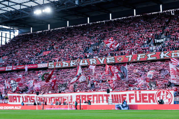 KOELN, GERMANY - OCTOBER 11: Tifo of 1. FC Koeln fans during the Bundesliga match between 1. FC Koeln vs. Borussia Moenchengladbach at Rheinenergie-Stadion on matchday 5 of the 1. Bundesliga on October 11, 2026 in Koeln, Germany. DFL REGULATIONS PROHIBIT ANY USE OF PHOTOGRAPHS AS IMAGE SEQUENCES AND OR QUASI-VIDEO. Wat uns aandriev, brennt wie fueer What drives us, burns like fire. North Rhine Westphalia Germany Copyright: xSteffiexWunderlx