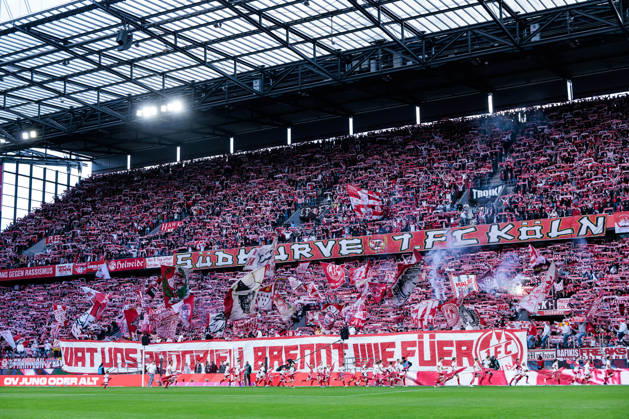 KOELN, GERMANY - OCTOBER 11: Tifo of 1. FC Koeln fans during the Bundesliga match between 1. FC Koeln vs. Borussia Moenchengladbach at Rheinenergie-Stadion on matchday 5 of the 1. Bundesliga on October 11, 2026 in Koeln, Germany. DFL REGULATIONS PROHIBIT ANY USE OF PHOTOGRAPHS AS IMAGE SEQUENCES AND OR QUASI-VIDEO. Wat uns aandriev, brennt wie fueer What drives us, burns like fire. North Rhine Westphalia Germany Copyright: xSteffiexWunderlx