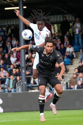 VELSEN-ZUID , 11-10-2026 , BUKO Stadion , season 2026 2027 , Dutch Eredivisie football , match between Telstar and ADO Den Haag , Picture shows Telstar player Jelani Seedorf and ADO Den Haag player Jonas Jensen-Abbew Telstar - ADO  x208167711x Copyright: