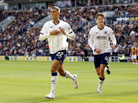Kingston upon Hull, England, 11th October 2026. Brennan Johnson of Everton celebrates scoring before it is ruled out for offside during the Hull City vs Everton Premier League match at the MKM Stadium, Kingston upon Hull. Picture credit should read: Cody Froggatt Sportimage EDITORIAL USE ONLY. No use with unauthorised audio, video, data, fixture lists, club league logos or live services. Online in-match use limited to 120 images, no video emulation. No use in betting, games or single club league player publications. SPI_030_CF_HULL_CITY_EVERTON SPI-5062-0031