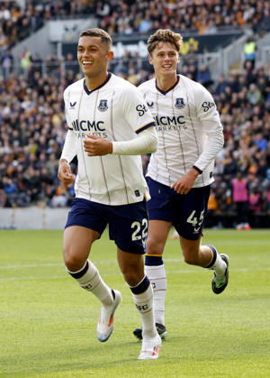 Kingston upon Hull, England, 11th October 2026. Brennan Johnson of Everton celebrates scoring before it is ruled out for offside during the Hull City vs Everton Premier League match at the MKM Stadium, Kingston upon Hull. Picture credit should read: Cody Froggatt Sportimage EDITORIAL USE ONLY. No use with unauthorised audio, video, data, fixture lists, club league logos or live services. Online in-match use limited to 120 images, no video emulation. No use in betting, games or single club league player publications. SPI_031_CF_HULL_CITY_EVERTON SPI-5062-0032