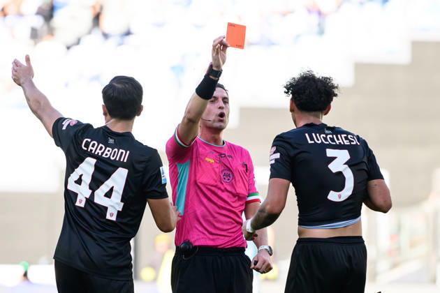 Referee Giuseppe Collu shows a red card to Lorenzo Lucchesi of AC Monza during the Serie A 2026 2027 football match between SS Lazio and AC Monza at Stadio Olimpico in Rome (Italy), October 11, 2026. AndreaxStaccioli