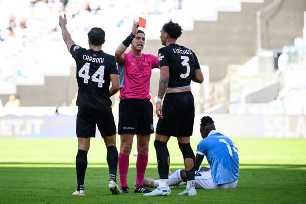 Referee Giuseppe Collu shows a red card to Lorenzo Lucchesi of AC Monza during the Serie A 2026 2027 football match between SS Lazio and AC Monza at Stadio Olimpico in Rome (Italy), October 11, 2026. AndreaxStaccioli