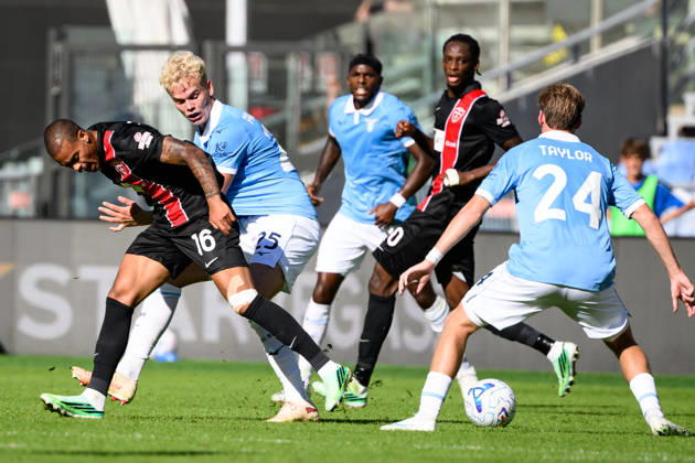 Cyril Ngonge of AC Monza, Oliver Provstgaard of SS Lazio compete for the ball during the Serie A 2026 2027 football match between SS Lazio and AC Monza at Stadio Olimpico in Rome (Italy), October 11, 2026. AndreaxStaccioli