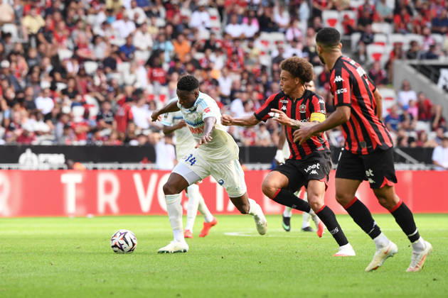 OGC Nice v RC Strasbourg Alsace - Ligue 1 McDonald s 2026 2027 Dario Essugo of Strasbourg scores a goal and Axel WITSEL of Nice during Ligue 1 McDonald s match between Nice and Strasbourg at Allianz Riviera Stadium on October 11, 2026 in Nice, France. Nice France  Copyright: xIconxSportx 776573383
