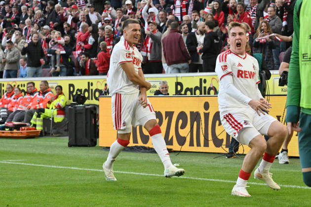 Jubel 1:0 Isak Johannesson (1.FC Koeln), Said El Mala (1. FC Koeln), v.re. 11.10.2026, Fussball 1. Bundesliga, Saison 2026 2027, 5. Spieltag, 1. FC Köln - Borussia Mönchengladbach DFL regulations prohibit any use of photographs as image sequences and or quasi-video Koeln Rhein-Energie-Stadion Nordrhein Westfalen Deutschland