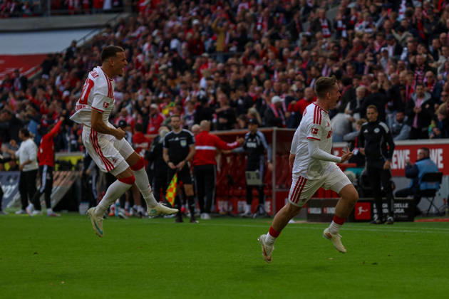 11.10.2026, GER, Fussball, Herren, Bundesliga , 1. Bundesliga, Saison 2026 2027, 1. FC Köln - VfL Borussia Mönchengladbach Ãsak Johannesson (KOE) Torjubel, jubelt nach seinem Treffer zum 1:0 mit Said El Mala (KOE) Copyright: xSvenxHanischx