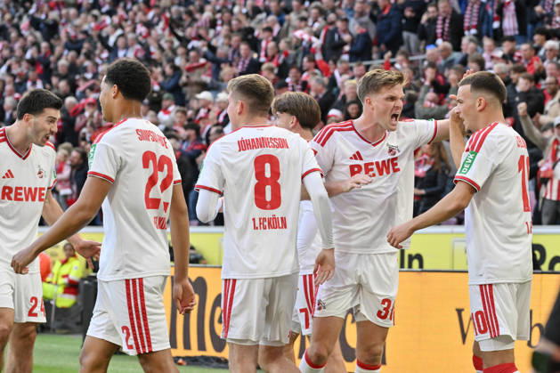 Jubel Köln 1:0, v.re., Said El Mala (1. FC Koeln), Marius Bülter (1.FC Koeln), Isak Johannesson (1.FC Koeln), Jahmai Simpson-Pusey (1.FC Koeln) 11.10.2026, Fussball 1. Bundesliga, Saison 2026 2027, 5. Spieltag, 1. FC Köln - Borussia Mönchengladbach DFL regulations prohibit any use of photographs as image sequences and or quasi-video Koeln Rhein-Energie-Stadion Nordrhein Westfalen Deutschland