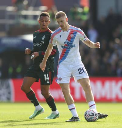 Premier League - Crystal Palace v Nottingham Forest LONDON, ENGLAND, OCTOBER 11: Adam Wharton of Crystal Palace battles for the ball with Dan Ndoye of Nottingham Forest during The Premier League match between Crystal Palace v Nottingham Forest at Selhurst Park Stadium, London, England, on October 11. (Photo by Daniel Weir) London Selhurst Park Stadium England Copyright: xDanielxWeir SportsxPressxPhotox Sportspressphoto_SPR252403
