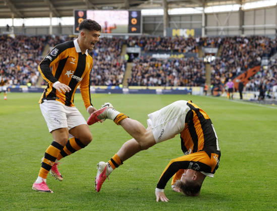Kingston upon Hull, England, 11th October 2026. Joe Gelhardt of Hull City (r) celebrates scoring the first goal during the Hull City vs Everton Premier League match at the MKM Stadium, Kingston upon Hull. Picture credit should read: Cody Froggatt Sportimage EDITORIAL USE ONLY. No use with unauthorised audio, video, data, fixture lists, club league logos or live services. Online in-match use limited to 120 images, no video emulation. No use in betting, games or single club league player publications. SPI_036_CF_HULL_CITY_EVERTON SPI-5062-0036
