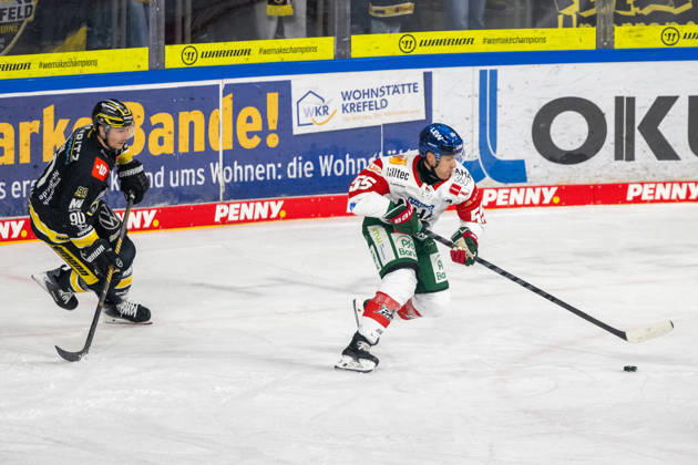 Adam Payerl (Krefeld Pinguine, 90) versucht in den Zweikampf mit Ryan Button (Augsburger Panther, 55) zu kommen. Krefeld Pinguine vs. Augsburger Panther, Eishockey, Penny DEL, 08. Spieltag, Saison 2026 2027, 11.10.2026 Krefeld Pinguine vs. Augsburger Panther, Eishockey, Penny DEL, 08. Spieltag, Saison 2026 2027, 11.10.2026 Krefeld Copyright: xEibner-Pressefoto ThomasxHaeslerx EP_THR