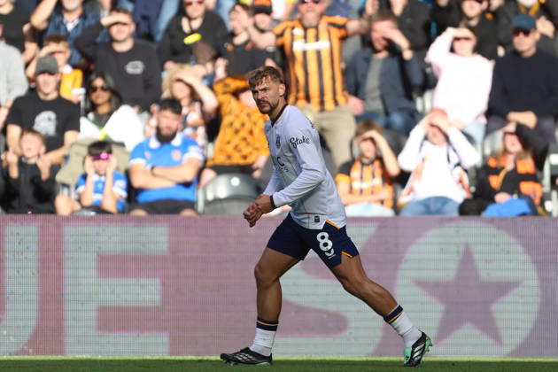 RECORD DATE NOT STATED 11th October 2026; MKM Stadium, Hull, England; Premier League Football, Hull City versus Everton; Kiernan Dewsbury-Hall of Everton celebrates after scoring for 1-1 DavexLofthouse