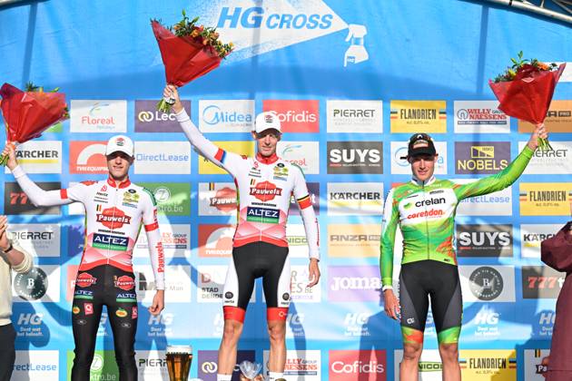 L-R, second Belgium s Yordi Corsus; winner Belgium s Michael Vanthourenhout and third Belgium s Gerben Kuypers celebrate on the podium of the men elite race of the Mosselcross cyclocross cycling event, on Sunday 11 October 2026, in Dendermonde, the first race (out of 7) of the HG Cross competition. DAVIDxPINTENS  x189456419x