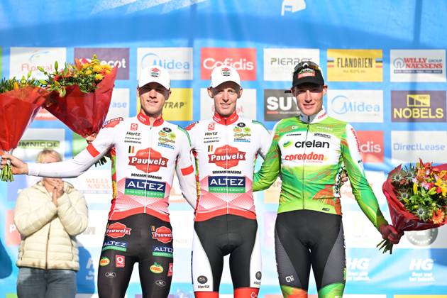 L-R, second Belgium s Yordi Corsus; winner Belgium s Michael Vanthourenhout and third Belgium s Gerben Kuypers celebrate on the podium of the men elite race of the Mosselcross cyclocross cycling event, on Sunday 11 October 2026, in Dendermonde, the first race (out of 7) of the HG Cross competition. DAVIDxPINTENS  x189456425x
