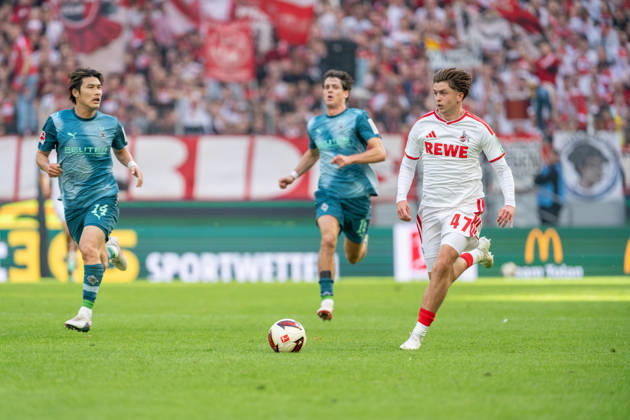 Daiki Haschioka (Borussia Moenchengladbach, 14) kommt beim Sprint von Mikey Moore (1.FC Koeln, 47) nicht mit 1.FC Köln vs. Borussia Moenchengladbach, Fussball, Bundesliga, 5.Spieltag, Saison 2026 27, 12.10.2026, DFL REGULATIONS PROHIBIT ANY USE OF PHOTOGRAPHS AS IMAGE SEQUENCES AND OR QUASI-VIDEO, 1.FC Köln vs. Borussia Moenchengladbach, Fussball, Bundesliga, 5.Spieltag, Saison 2026 27, 12.10.2026 Köln Copyright: xEibner-Pressefoto LukasxBaldygax EP_LBA