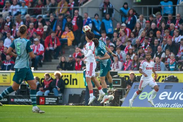 Mikey Moore, Mittelfeld, (1.FC Koeln 47), Linton Maina, Mittelfeld, (1.FC Koeln 37), Philipp Sander, Mittelfeld, (Borussia Moenchengladbach 16) , 1. FC Koeln vs. Borussia Moenchengladbach, Fussball, 1. Bundesliga, 5. Spieltag, 11.10.2026 DFB DFL regulations prohibit any use of photographs as image sequences and or quasi-video Koeln Nordrhein-Westfalen Deutschland