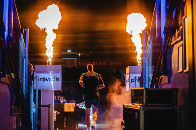 11.10.2026, xhfmx, Basketball easyCredit BBL Bundesliga, Frankfurt Skyliners - Veolia Towers Hamburg Einlauf Jacob Knauf (Skyliners Frankfurt) Frankfurt am Main
