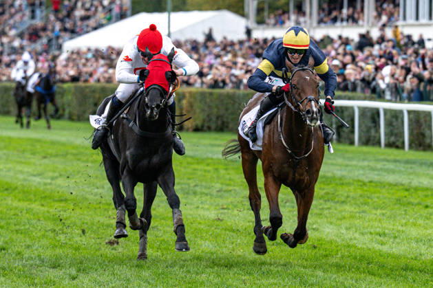 The 136th Grand Pardubice Steeplechase (6,900m), in Pardubice, Czech Republic, on October 11, 2026. From left: Jan Faltejsek on Godfrey and Keith Michael Donoghue on Final Orders. (CTKxPhoto DavidxTanecek) CTKPhotoP2026101105128  CTKPhotoP2026101105128