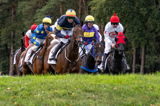 The 136th Grand Pardubice Steeplechase (6,900m), in Pardubice, Czech Republic, on October 11, 2026. From left: James Best on Greek Dessert, Keith Michael Donoghue on Final Orders, Marcel Novak on Dumon Roclay, and Jan Odlozil on Angkor Wat. (CTKxPhoto DavidxTanecek) CTKPhotoP2026101105174  CTKPhotoP2026101105174