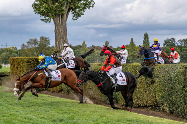 The 136th Grand Pardubice Steeplechase (6,900m), in Pardubice, Czech Republic, on October 11, 2026. From left: James Best on Greek Dessert, Lenka Neprasova on Sacamiro, and Adam Cmiel on Caryjape. (CTKxPhoto DavidxTanecek) CTKPhotoP2026101105181  CTKPhotoP2026101105181
