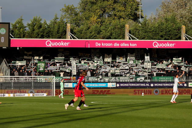 2026-10-11 Excelsior Rotterdam v FC Groningen - Dutch Eredivisie ROTTERDAM, NETHERLANDS - OCTOBER 11: The flag of the Fans and Supporters of FC Groningen during the Dutch Eredivisie match between Excelsior Rotterdam and FC Groningen at Stadion Woudestein on October 11, 2026 in Rotterdam, Netherlands. Rotterdam Stadion Woudestein Netherlands Content not available for redistribution in The Netherlands directly or indirectly through any third parties. Copyright: xHansxvanxderxValkx