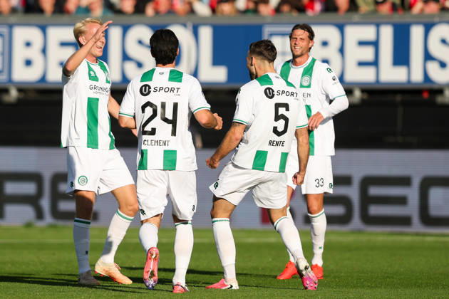 2026-10-11 Excelsior Rotterdam v FC Groningen - Dutch Eredivisie ROTTERDAM, NETHERLANDS - OCTOBER 11: Thijmen Blokzijl of FC Groningen, Marco Rente of FC Groningen, Pelle Clement of FC Groningen, Hans Hateboer of FC Groningen celebrates after scoring the first goal of the team during the Dutch Eredivisie match between Excelsior Rotterdam and FC Groningen at Stadion Woudestein on October 11, 2026 in Rotterdam, Netherlands. Rotterdam Stadion Woudestein Netherlands Content not available for redistribution in The Netherlands directly or indirectly through any third parties. Copyright: xHansxvanxderxValkx