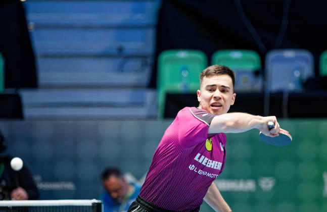 Kay Stumper Post SV Muelhausen Germany (foto-ms1277) at the 2026 European Table tennis, Tischtennis Championships in Ljubljana LJUBLJANA, SLOVENIA - 11 OCTOBER 2026: Kay Stumper Post SV Muelhausen Germany (foto-ms1277) in action at the European Table Tennis Championships in Stozice Arena, Ljubljana, Slovenia (Photo by Manfred Schillings) Ljubljana Stozice Arena Slovenia