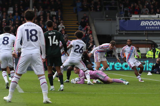 11th October 2026; Selhurst Park, London, England; Premier League Football, Crystal Palace versus Nottingham Forest; goalkeeper Matz Sels of Nottingham Forest dives onto the ball to collect during a goalmouth scramble KatiexChan
