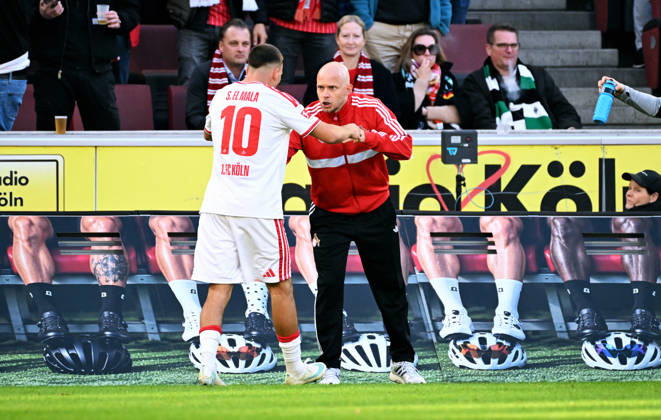 Cologne, Germany, 1. Bundesliga, Matchday 5, Rhein-Energie-Stadium Cologne, 1. FC Köln vs Bor. Mönchengladbach; Said El Mala (FC) celebrates after scoring , together with Headcoach Rene Wagner (FC). Celebration, Joy, Action.