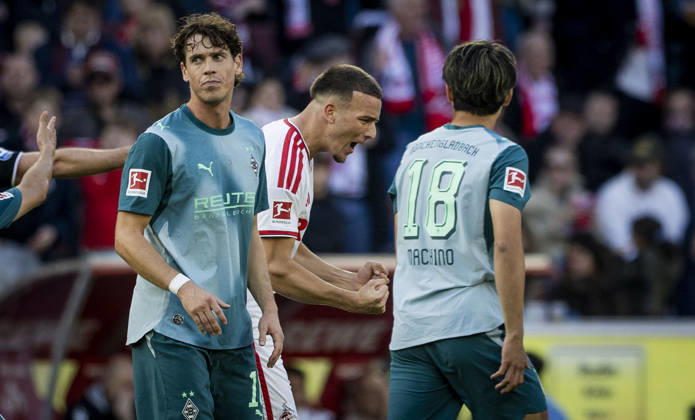 Cologne, Germany. 11th Oct 2026. Torjubel Said El Mala (Köln), Philipp Sander (BMG) Shuto Machino (BMG) 1. FC Köln - Borussia Mönchengladbach 11.10.2026