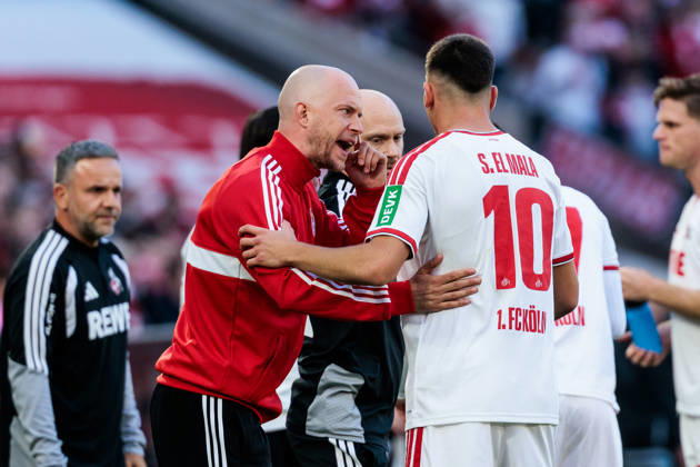 KOELN, GERMANY - OCTOBER 11: Rene Wagner (Head Coach 1. FC Koeln) and Said El Mala (1. FC Koeln, 10) talking after El Mala scored the 2:1 goal during the Bundesliga match between 1. FC Koeln vs. Borussia Moenchengladbach at Rheinenergie-Stadion on matchday 5 of the 1. Bundesliga on October 11, 2026 in Koeln, Germany. DFL REGULATIONS PROHIBIT ANY USE OF PHOTOGRAPHS AS IMAGE SEQUENCES AND OR QUASI-VIDEO. North Rhine Westphalia Germany Copyright: xSteffiexWunderlx