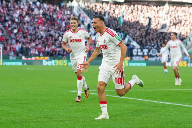 11.10.2026, xydrx, Herren, Fußball, 1.Bundesliga, 1.FC Köln - Borussia Mönchengladbach, Saison 2026 2027, RheinEnergieSTADION: Torjubel nach dem Tor zum 2:1 für den 1.FC Köln durch Torschütze Said El Mala (1.FC Köln, 10) zusammen mit Sebastian Sebulonsen (1.FC Köln, 28) DFB regulations prohibit any use of photographs as image sequences and or quasi-video. Copyright: HMBxMedia YannisxDreimann