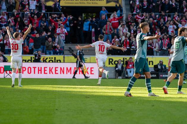 Said El-Mala, Mittelfeld, (1.FC Koeln 10), beim Jubel nach dem 2:1, 1. FC Koeln vs. Borussia Moenchengladbach, Fussball, 1. Bundesliga, 5. Spieltag, 11.10.2026 DFB DFL regulations prohibit any use of photographs as image sequences and or quasi-video Koeln Nordrhein-Westfalen Deutschland