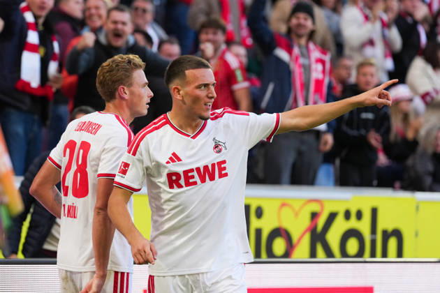 11.10.2026, xydrx, Herren, Fußball, 1.Bundesliga, 1.FC Köln - Borussia Mönchengladbach, Saison 2026 2027, RheinEnergieSTADION: Torjubel nach dem Tor zum 2:1 für den 1.FC Köln durch Torschütze Said El Mala (1.FC Köln, 10) zusammen mit Sebastian Sebulonsen (1.FC Köln, 28) DFB regulations prohibit any use of photographs as image sequences and or quasi-video. Copyright: HMBxMedia YannisxDreimann