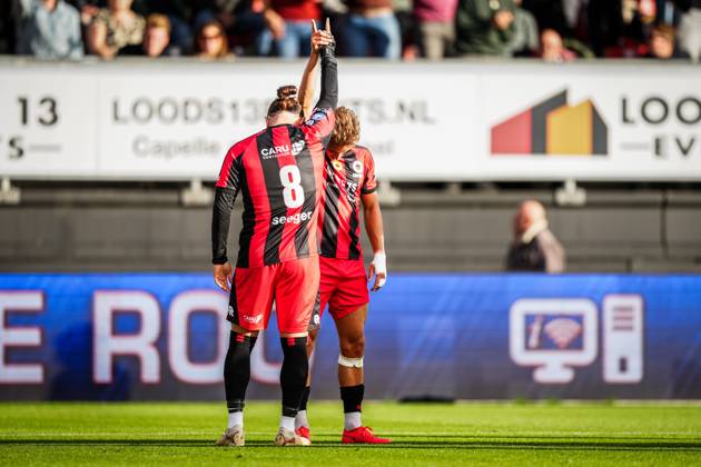 ROTTERDAM , 11-10-2026 , Stadium Woudestein , season 2026 2027 , Dutch Eredivisie football , match between Excelsior Rotterdam and FC Groningen , picture shows Excelsior Rotterdam player Irakli Yegoian celebrates his goal with Excelsior Rotterdam player Lennart Hartjes Excelsior - Groningen  x208173117x Copyright: