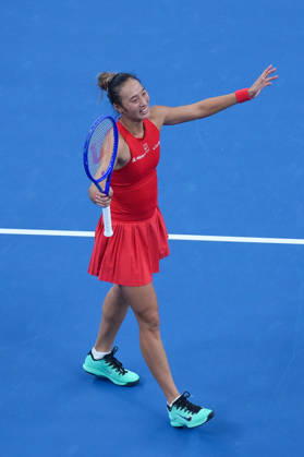 (261011) -- BEIJING, Oct. 11, 2026 -- Zheng Qinwen reacts after the women s singles final between Zheng Qinwen of China and Mirra Andreeva of Russia at 2026 China Open tennis tournament in Beijing, China, Oct. 11, 2026. ) (SP)CHINA-BEIJING-TENNIS-CHINA OPEN-WOMEN S SINGLES-FINAL (CN) JuxHuanzong