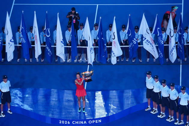 (261011) -- BEIJING, Oct. 11, 2026 -- Zheng Qinwen poses with the trophy during the awarding ceremony after the women s singles final between Zheng Qinwen of China and Mirra Andreeva of Russia at 2026 China Open tennis tournament in Beijing, China, Oct. 11, 2026. ) (SP)CHINA-BEIJING-TENNIS-CHINA OPEN-WOMEN S SINGLES-FINAL (CN) JuxHuanzong