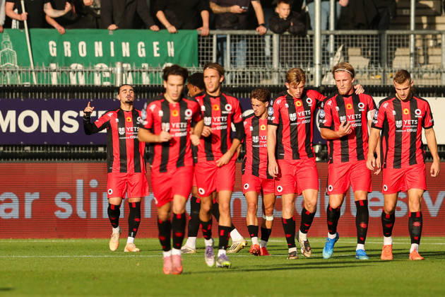2026-10-11 Excelsior Rotterdam v FC Groningen - Dutch Eredivisie ROTTERDAM, NETHERLANDS - OCTOBER 11: Irakli Yegoian of Excelsior Rotterdam, Simon Janssen of Excelsior Rotterdam, Jan Plug of Excelsior Rotterdam, Casper Widell of Excelsior Rotterdam, Rick Meissen of Excelsior Rotterdam celebrates after scoring the first goal of the team during the Dutch Eredivisie match between Excelsior Rotterdam and FC Groningen at Stadion Woudestein on October 11, 2026 in Rotterdam, Netherlands. Rotterdam Stadion Woudestein Netherlands Content not available for redistribution in The Netherlands directly or indirectly through any third parties. Copyright: xHansxvanxderxValkx