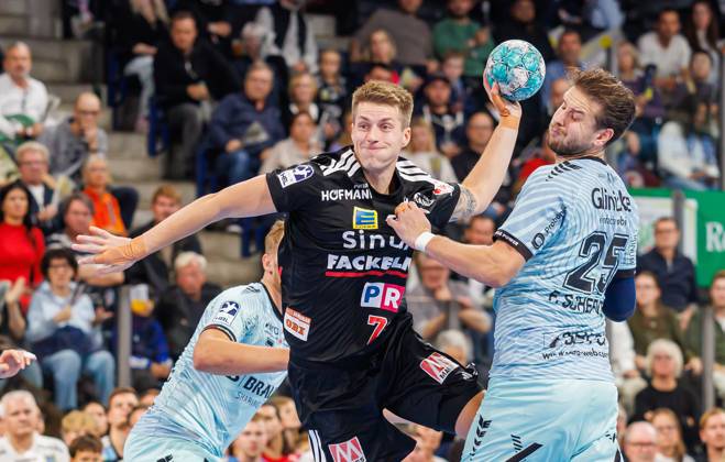 11.10.2026 - Handball - 1. Bundesliga OPEL HBL - Saison 2026 2027 - 08. Spieltag: HC Erlangen Metropolregion Nürnberg HCE - MT Melsungen - DaMa - xdaxmax - Viggo Kristjansson (73, HC Erlangen HCE ) Olle Forsell Schefvert (25, MT Melsungen )