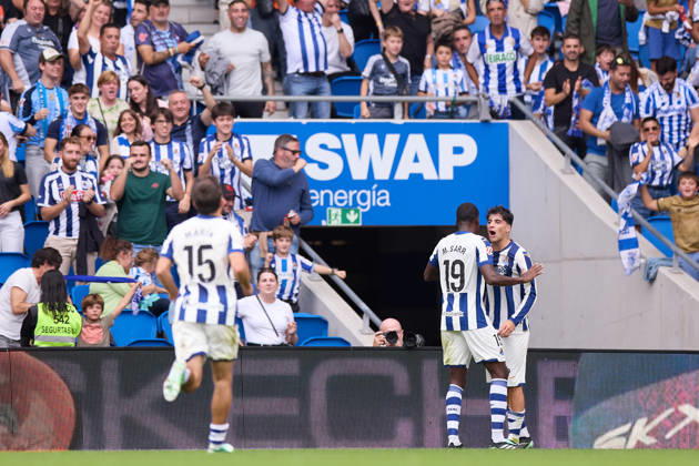 October 11, 2026, San Sebastian, Guipuzcoa, Spain: Jon Martin Vicente of Real Sociedad celebrates after scoring the team s first goal during the LaLiga EA Sports match between Real Sociedad and RC Deportivo de A Coruna at Anoeta on October 11, 2026, in San Sebastian, Spain. San Sebastian Spain - ZUMAa181 20261011_zaa_a181_116 Copyright: xRicardoxLarreinax