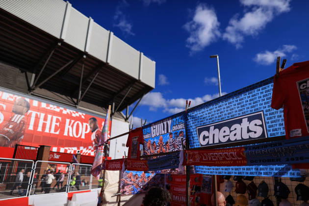 Liverpool v Manchester City 11th October 2026 - Premier League - Liverpool v Manchester City - Merchandise for sale branding Manchester City ˜Guilty™ and ˜Cheats™ in reference to their recent court convictions over financial rule breaches - Photo: Simon Stacpoole Offside. Liverpool UK Copyright: xSimonxStacpoolexOffside