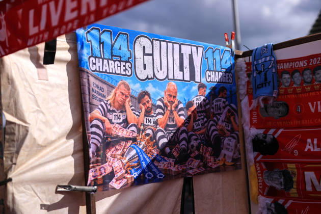 Liverpool v Manchester City 11th October 2026 - Premier League - Liverpool v Manchester City - Merchandise for sale branding Manchester City ˜Guilty™ and ˜Cheats™ in reference to their recent court convictions over financial rule breaches - Photo: Simon Stacpoole Offside. Liverpool UK Copyright: xSimonxStacpoolexOffside