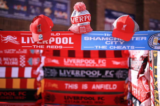 Liverpool v Manchester City 11th October 2026 - Premier League - Liverpool v Manchester City - Merchandise for sale branding Manchester City ˜Guilty™ and ˜Cheats™ in reference to their recent court convictions over financial rule breaches - Photo: Simon Stacpoole Offside. Liverpool UK Copyright: xSimonxStacpoolexOffside