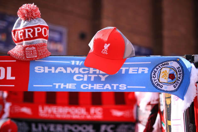 Liverpool v Manchester City 11th October 2026 - Premier League - Liverpool v Manchester City - Merchandise for sale branding Manchester City ˜Guilty™ and ˜Cheats™ in reference to their recent court convictions over financial rule breaches - Photo: Simon Stacpoole Offside. Liverpool UK Copyright: xSimonxStacpoolexOffside