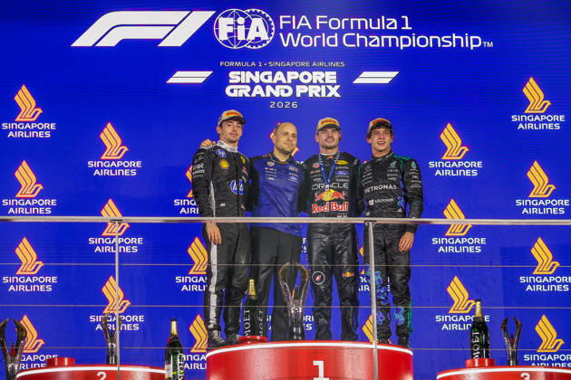 Max Verstappen wins 2026 Formula 1 Singapore Grand Prix SINGAPORE - OCT 11: Red Bull Racing driver Max Verstappen, Ferrari s Charles Leclerc and Mercedes’s Kimi Antonelli pose for photos on the podium, after winning the Formula 1 Singapore Grand Prix at the Marina Bay Street Circuit in Singapore on October 11, 2026. Daniel Ceng Anadolu Singapore Singapore. Editorial use only. Please get in touch for any other usage.  Copyright: x2026xAnadoluxDanielxCengx